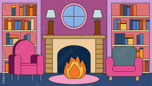 Cozy living room with fireplace and bookshelves