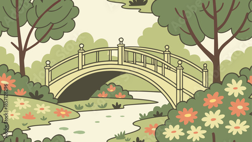 Serene garden bridge over calm stream