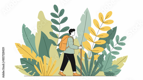 Solo hiker with backpack and walking pole journeying through lush, stylized green and yellow foliage, embodying serene outdoor adventure and nature exploration