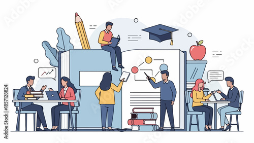 Collaborative learning and knowledge acquisition in a vibrant educational environment, with students and educators engaged in study, research, and skill development