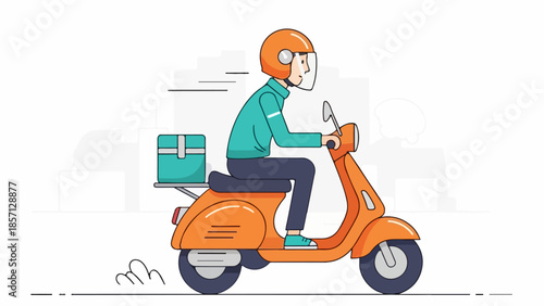 Dynamic illustration of a speedy courier delivering packages on an orange retro scooter, showcasing efficient and quick urban delivery service with a modern flair