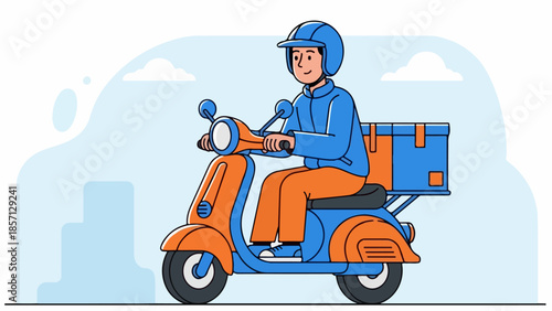Professional delivery rider on a scooter, swiftly transporting goods in a modern urban landscape, perfect for express service and online order fulfillment concepts