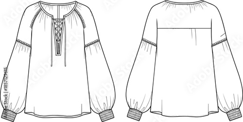 Peasant Style Blouse Flat Sketch Technical Drawing, Lace-Up V-Neck Placket, Long Balloon Sleeves, Smocked Cuffs, Decorative Trim Detail, Boho Apparel Vector Template, Front and Back View.
