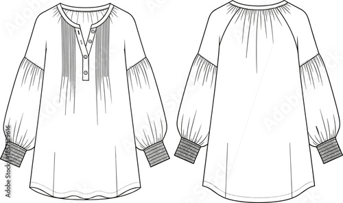 Peasant blouse vector, boho top technical drawing, pintuck henley shirt, balloon sleeves, smocked cuffs, fashion flat sketch, apparel design template.
