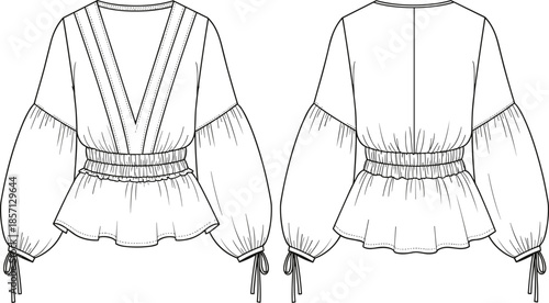 Peplum Blouse Technical Fashion Flat Sketch, Smocked Waist, Deep V-Neck, Balloon Sleeves with Tie Cuffs Vector CAD.