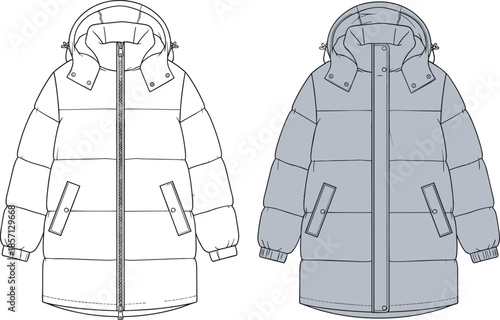 Puffer Jacket Technical Fashion Flat Sketch Vector, Longline Quilted Padded Coat with Hood, Winter Outerwear CAD Illustration Template.