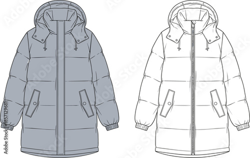 Puffer jacket technical fashion illustration, vector flat sketch, winter coat design template, hooded outerwear drawing, front view, apparel mockups