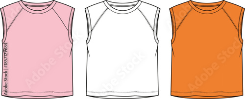 Raglan Sleeveless Crop Top Technical Fashion Flat Sketch, Three Color Tank Top Vector CAD Illustration Template for Sportswear.