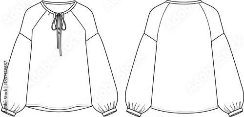 Raglan Peasant Blouse Technical Fashion Flat Sketch, Puff Balloon Sleeve, Tie-Neck Detail Vector CAD Illustration Template.