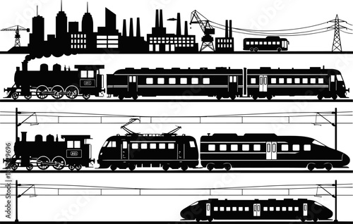 Railway evolution vector illustration showing steam, electric and modern high-speed trains with industrial city skyline, transportation silhouette design for urban transit concepts