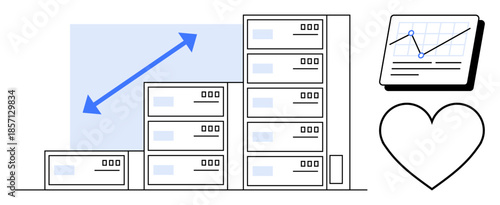 Stack of servers with upward arrow symbolizing growth, chart for performance analysis, and heart for quality care. Ideal for technology, growth, analytics, success, data, care simple flat metaphor