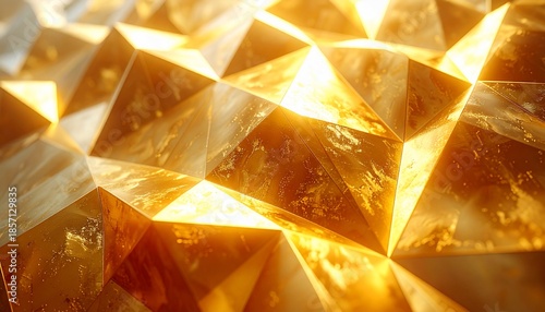 Abstract close-up of a golden, faceted surface reflecting warm light and complex textures