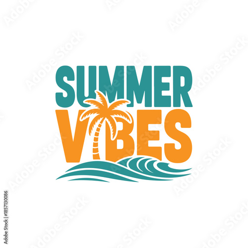 The image displays a vibrant summer vibes graphic with a palm tree waves and colorful text