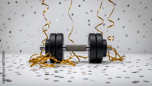 Festive dumbbell celebrating New Year fitness goals with confetti