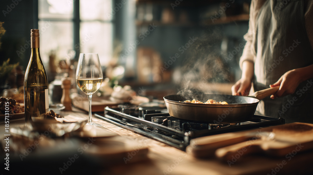 Naklejka premium home cooking with wine, cozy kitchen dinner scene, lifestyle food and wine 