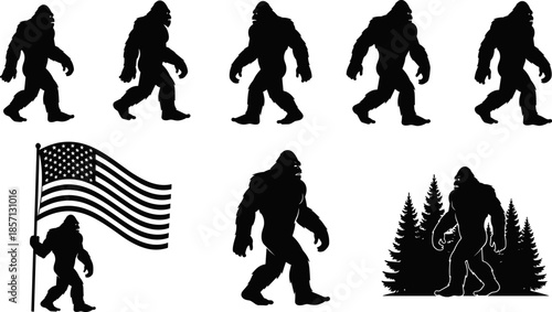 Bigfoot silhouette collection, walking sasquatch poses, mythical forest creature scenes, cryptid legend artwork, black vector illustration isolated on white background