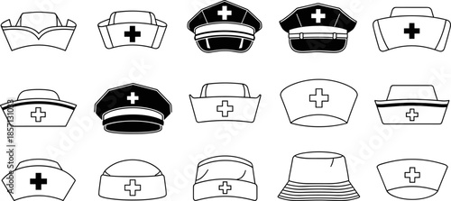Black and white nurse cap icon set, medical healthcare hat collection flat vector illustration for hospital clinic nursing uniform design