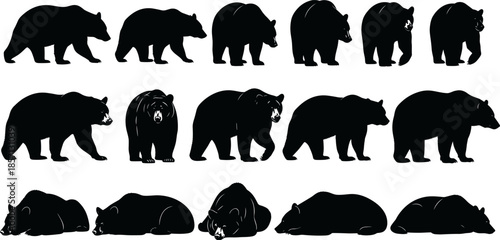 Black bear silhouette poses vector illustration, wild animal wildlife set, walking standing sleeping bear icons collection, minimalist monochrome design isolated on white background