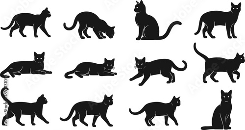 Black cat silhouettes vector illustration set, domestic cats walking sitting lying poses, minimalist feline icon collection for pet design, branding, decoration use
