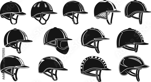 Black equestrian riding helmet silhouettes vector set, horse riding safety headgear collection, sports protective equipment icons, minimalist monochrome design isolated on white background