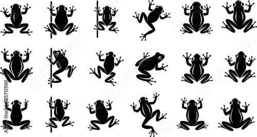 Black frog silhouette poses vector illustration set, amphibian jumping and climbing icons collection, wildlife nature symbols, minimalist monochrome design isolated on white background