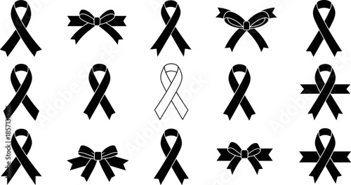 Black ribbon and bow silhouettes vector illustration set, awareness memorial mourning symbols collection for charity support, remembrance design, branding, print use