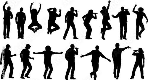 Black silhouette vector set of singers, dancers, and performers, depicting live music, concert, entertainment, stage performance, celebrity, joyful jumping,  