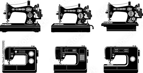 Black silhouette vector set of six sewing machines, featuring both vintage ornate and modern electronic designs, depicting tailoring, dressmaking, textile craft, industry, and home hobby.