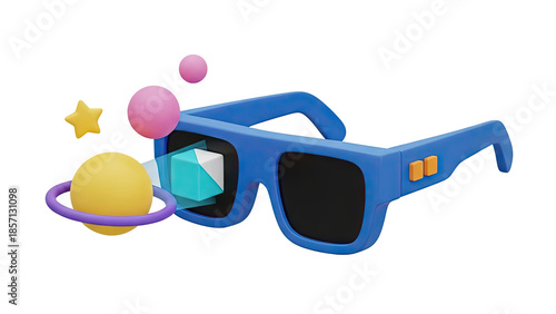 3D Rendering of Blue VR Glasses with Futuristic Elements on transparent background