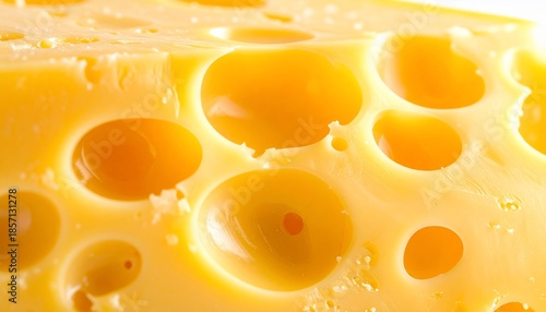 Close-up macro photograph of a block of yellow cheese featuring numerous large holes