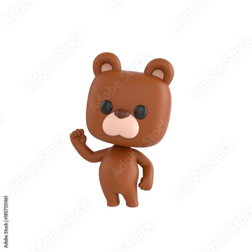 Cute 3D render Little Bear character raising one fist to show confidence, success, and happiness, isolated on white background.