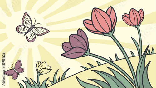 Butterflies among blooming flowers