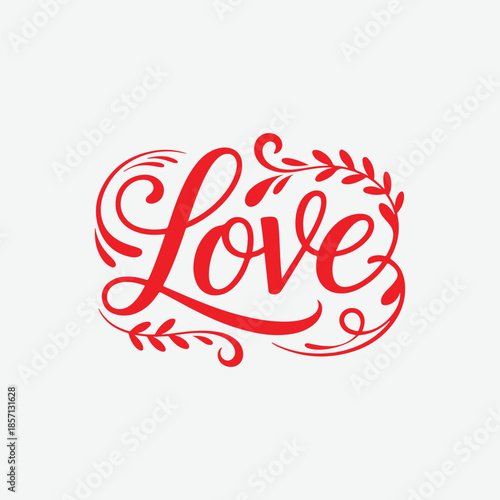 Elegant red calligraphy design featuring the word love surrounded by floral and swirling elements