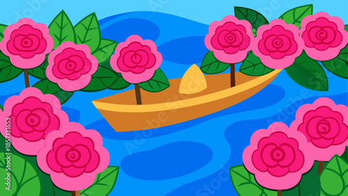Boat floating among blooming roses