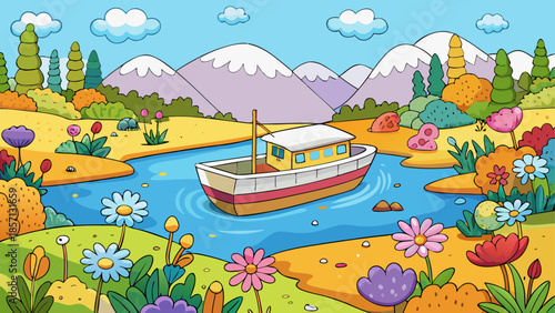 Boat sailing through colorful landscape