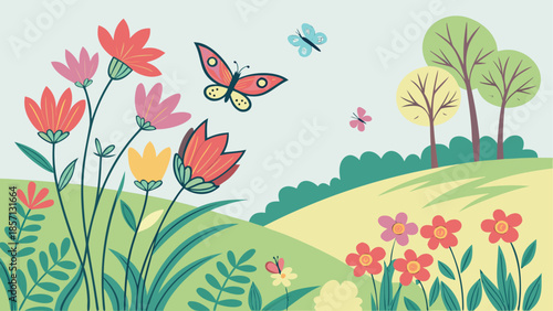 Vibrant spring meadow with butterflies and flowers