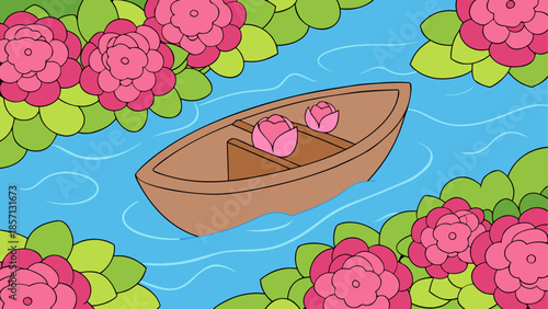Serene boat ride among water lilies