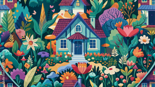 Whimsical cottage surrounded by lush garden