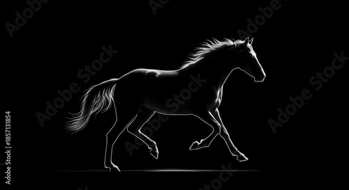 Ethereal equine form: A monochromatic horse in dynamic motion captured against darkness