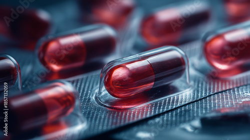 red capsule medicine, pharmaceutical pills close up, medical drug blister pack
