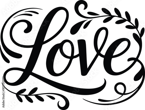 Elegant calligraphy design featuring the word love adorned with floral and swirling decorative elements