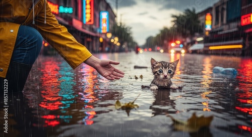 Heartwarming rescue: A tiny kitten's plight amid city rain, met with kindness and hope