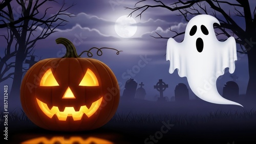 Eerie nocturnal tableau showcasing a glowing jack o'lantern and spectral figure on Halloween night