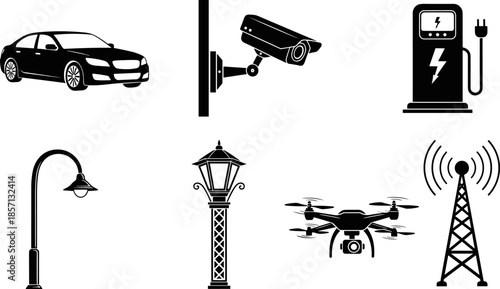 Black silhouette vector set of smart city technology icons including electric car, security camera, charging station, drone, street light, and antenna, depicting modern urban infrastructure.