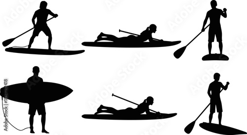 Black silhouette vector set of stand up paddle boarders in various poses, depicting men and women paddling, surfing, and relaxing on water for summer recreation and travel.