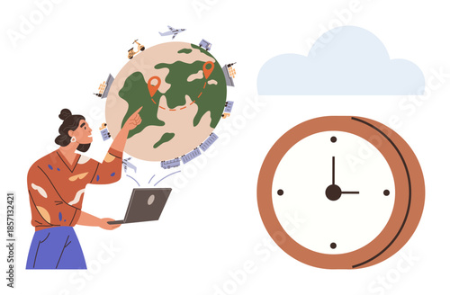 Woman with laptop points at globe with pins, airplanes, and buildings, highlighting connections and travel. Includes clock and cloud. Ideal for global business, technology, time, planning travel