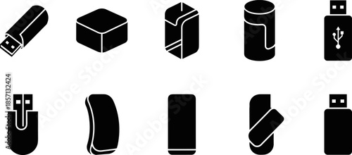 Black silhouette vector set of ten different USB flash drives, depicting data storage, computer technology, digital memory, information transfer, and portable electronic hardware accessories.