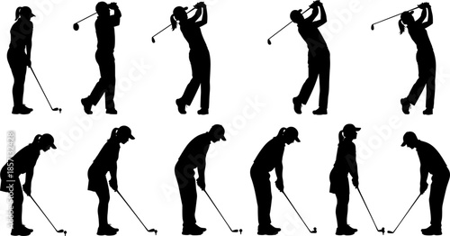 Black silhouette vector set of women golf players in various action poses, depicting golf swing, putting, competition, leisure, athletic lifestyle, and outdoor recreation for female athletes.