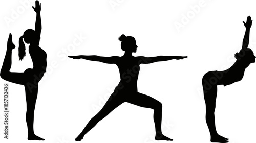 Black silhouette vector set of women performing various yoga poses, depicting wellness, exercise, relaxation, health, active lifestyle, meditation, and fitness activities in a studio.