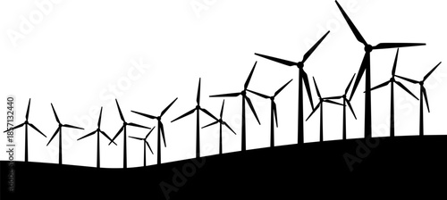 Black silhouette vector wind turbine farm set on a hilltop, depicting renewable energy, sustainable power generation, environmental conservation, and clean technology landscape.
